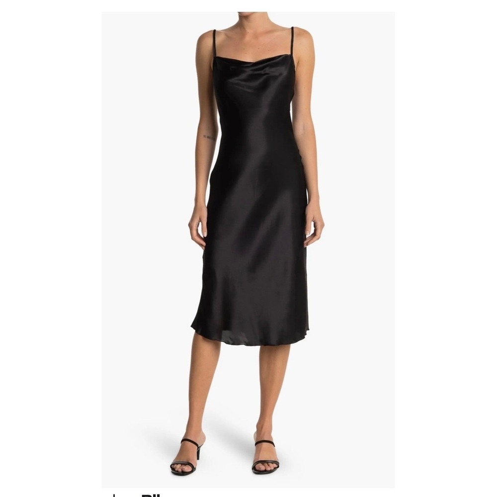 Bebe Black Satin Slip Dress Women's Small NWT Cowl Neck Midi Spaghetti Strap